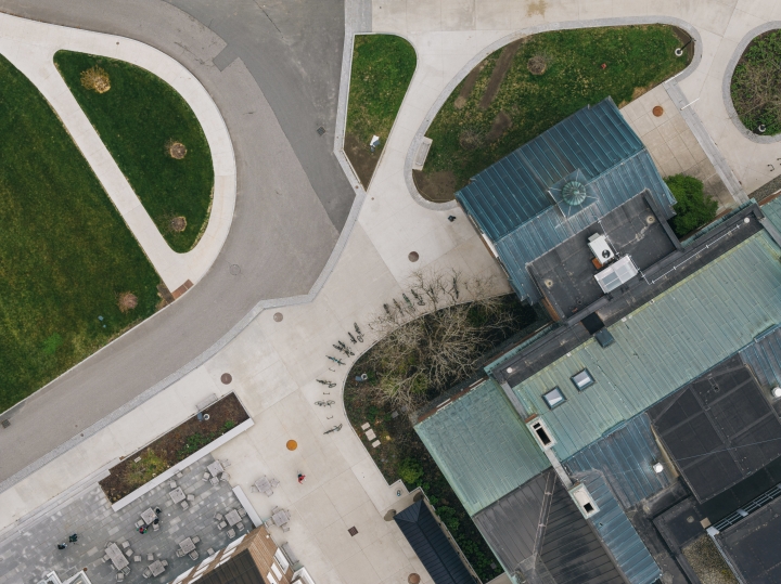 Aerial of campus sidewalk