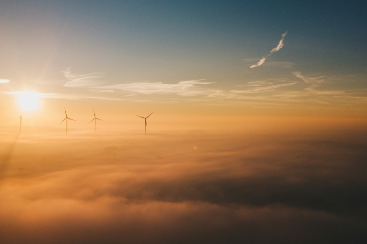 Windmills in a foggy sunset