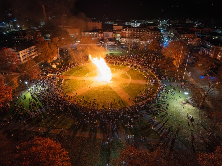 Aerial view of the lit bonfire