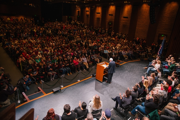 Vermont Sen. Bernie Sanders address a full house at Spaulding Auditorium