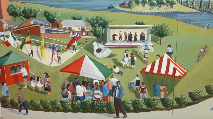 a colorful mural featuring people, trees, and tents in a park