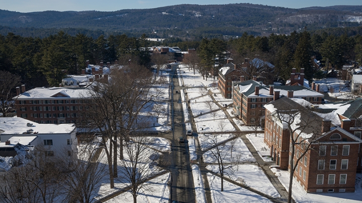 an aerial shot of campus in winter