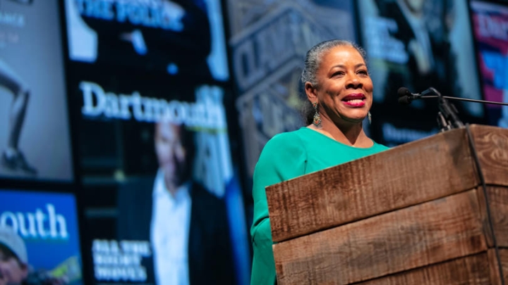 Laurel Richie speaks at a podium