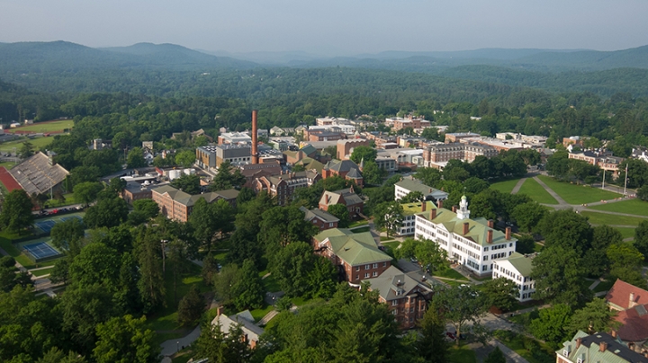 an aerial view of campus in the summer