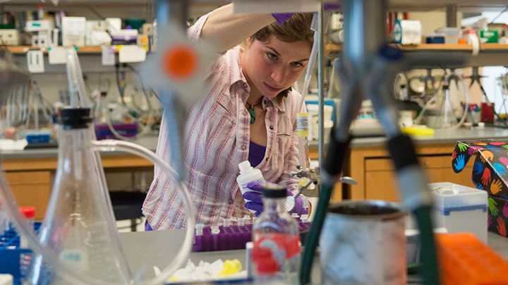 a female grad student working in a science lab