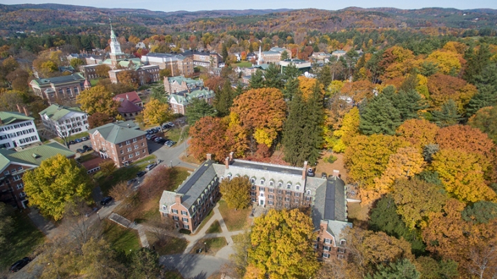 an aerial view of North Park with fall foliage behind