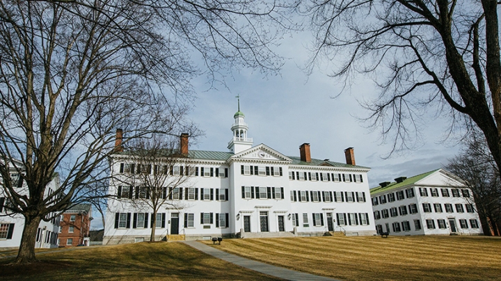 Dartmouth Hall from the outside in early spring
