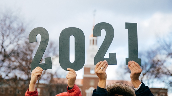 The number 2021 in front of Baker Tower