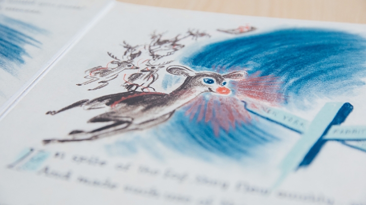 an illustration of Rudolph the Red-Nosed Reindeer from the original 1939 manuscript