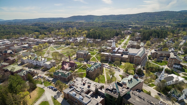 Aerial view of campus in spring
