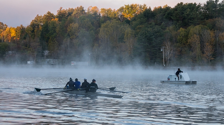 An early-morning rowing practice is underway on the Connecticut. (