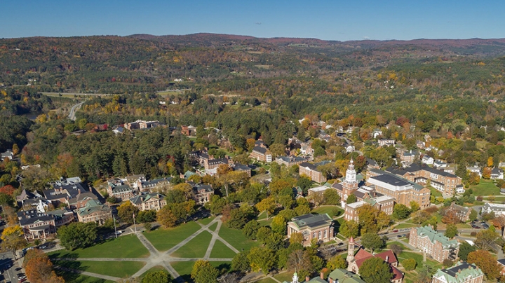 an aerial view of campus in fall