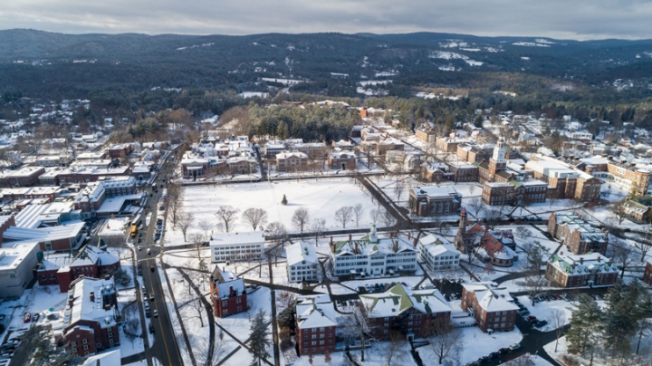 Aerial view of campus in winter