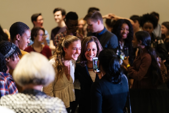 Sen. Kamala Harris takes a photo with a student after speaking to a crowd of more than 400 people in Alumni Hall during a Dartmouth campaign stop on April 23, 2019. 