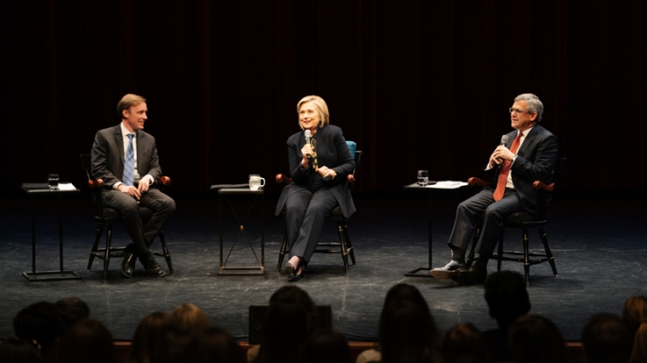 Hillary Rodham Clinton speaks to an overflow crowd at Spaulding Auditorium flanked by the Dickey Center’s Jake Sullivan and Daniel Benjamin