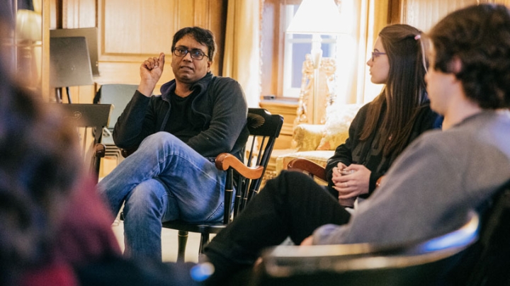Novelist and Montgomery Fellow Zia Haider Rahman talks with English and creative writing students 