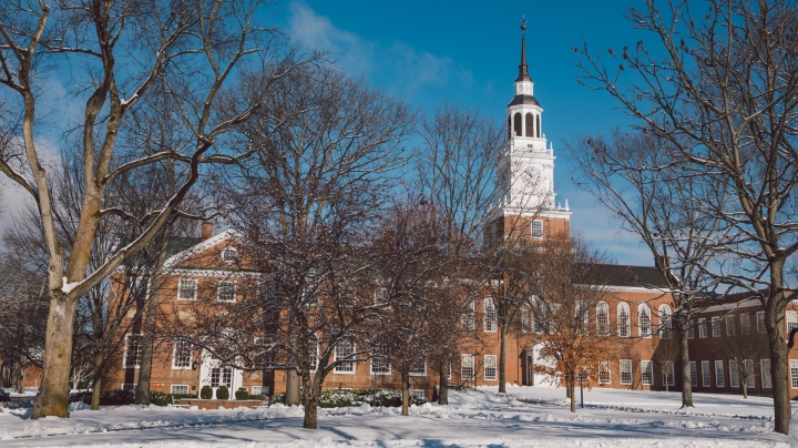 Baker Library on a sunny, snowy day