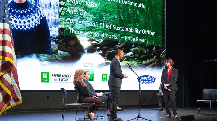 Kevin Yuan, Tuck '20, asks presidential candidate Amy Klobuchar about her plans to educate American youth about issues related to the environment and climate.