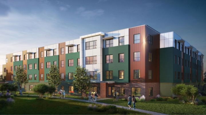 An architectural rendering shows the planned apartment complex, which is expected to open in August 2022. 