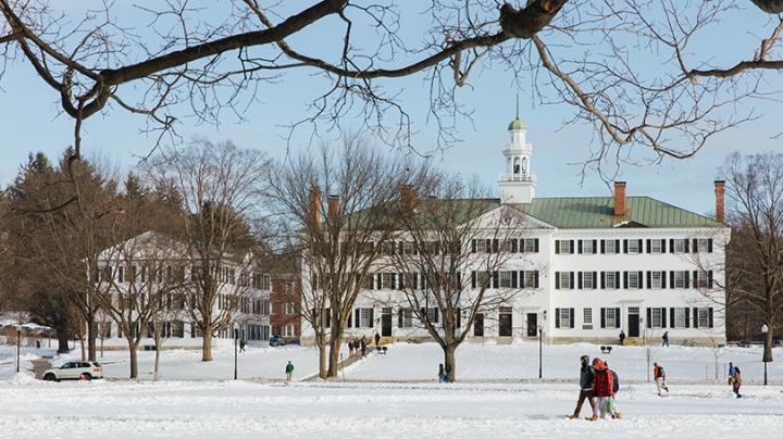 students crossing the Green in winter