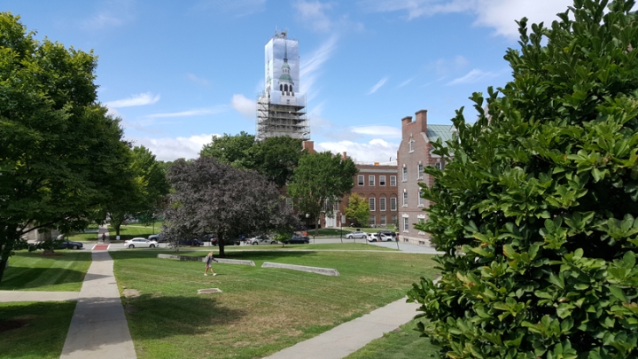 The scrim over Baker Bell Tower