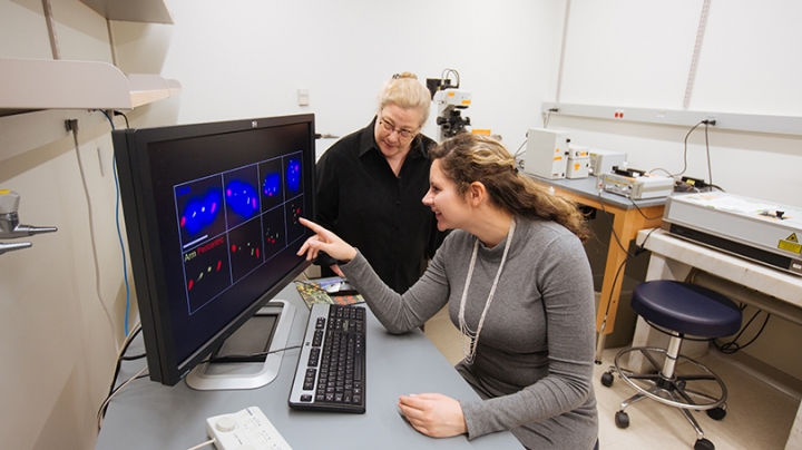 Associate Professor Sharon Bickel, left, and graduate student Adrienne Perkins