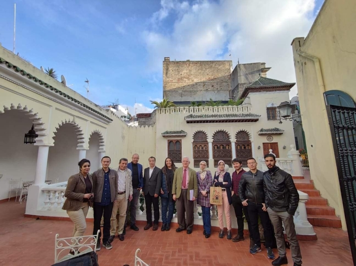 Dale Eickelman, center, poses with Moroccan sociologist Fadma Ait Mous, right, and Moroccan, Chinese, and American participants in a pre-doctoral workshop at the Tangier American Legation Institute for Moroccan Studies in February 2020. 