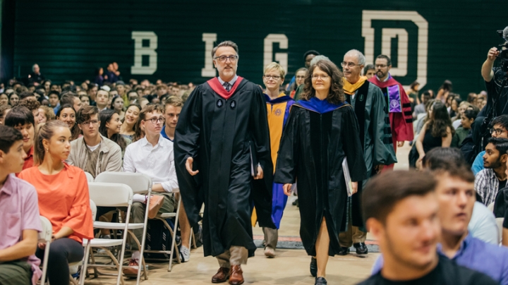 From left, Dean of Admissions Lee Coffin, Dean of the Faculty Elizabeth Smith, Dean of the College Kathryn Lively, and President Philip J. Hanlon '77, lead the procession at the beginning of the ceremony welcoming the Class of '23.