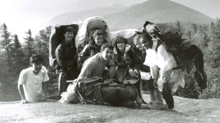 First-year students from the Class of 1996 pause for a group photo while on a trip hike.