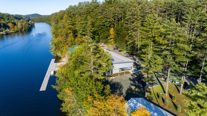 An aerial view looking north of the new boathouse