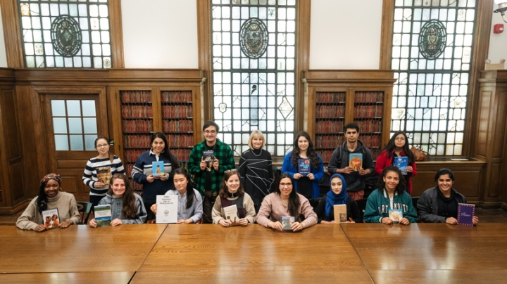 Graduating library employees honored were, front row, from left: Tyne Freeman ’19, Liz Mastrio ’19, Heeju Kim ’19, Keira Byno ’19, Isis Cantu ’19, Kaneez Anwar ’19, Milla Anderson ’19, and Amrit Ahluwalia ’19; back row, from left: Kaylee Paul ’19, Anabel 