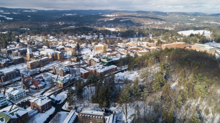 Aerial campus view with snow covering the ground