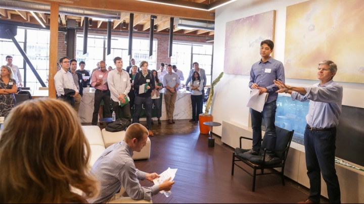 Jeff Crowe '78, right, and Brian Moon '12 welcome Dartmouth community members to a workshop for pre-launch and seed stage start-ups as part of the 2019 San Francisco Dartmouth Entrepreneurs Forum, hosted last week by the Magnuson Center for Entrepreneursh