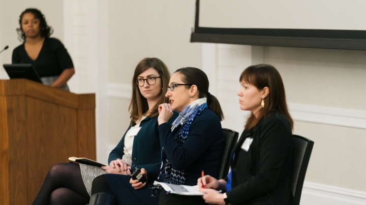 Representatives of the National Academies of Sciences, Engineering, and Medicine (NASEM) Arielle Baker, Guarini '19 (seated, left), Lilia Cortina, and Frazier Benya answer questions on the NASEM report on sexual harassment in a session moderated by C3I Di