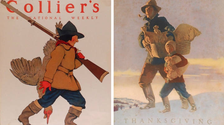Two Collier's weekly covers side-by-side from past Thanksgivings. One features a hunter bringing back a turkey after a hunt. The other is a farmer and his son walking with bundles in their hands.