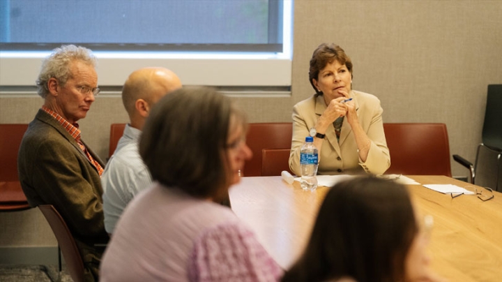 Sen. Jeanne Shaheen (D, N.H.) and James Sargent, left, director of the C. Everett Koop Institute, host a roundtable discussion at Dartmouth last week on the health risks of e-cigarettes to New Hampshire's youth.