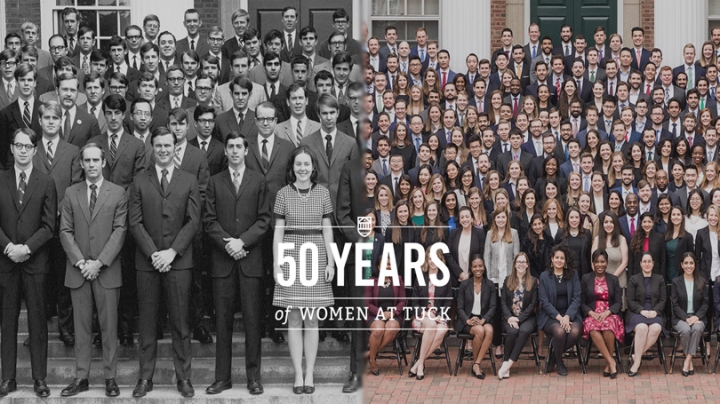 A split photo showing Martha Fransson, Tuck '70, the first woman to graduate from Tuck, with her classmates on the left and on the right and recent class with many more women in its ranks