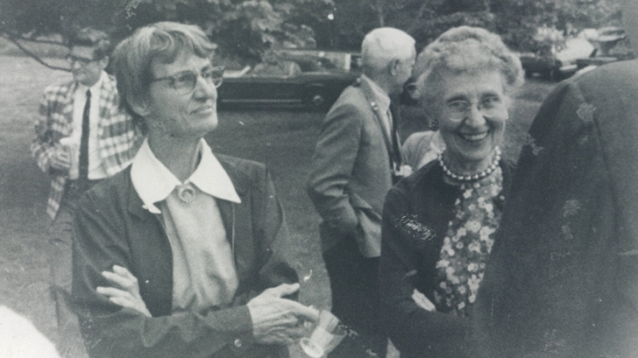 Professor of Biology Hannah Croasdale, left, and Mildred Morse, secretary and curator in the art department, at a convocation event in 1969