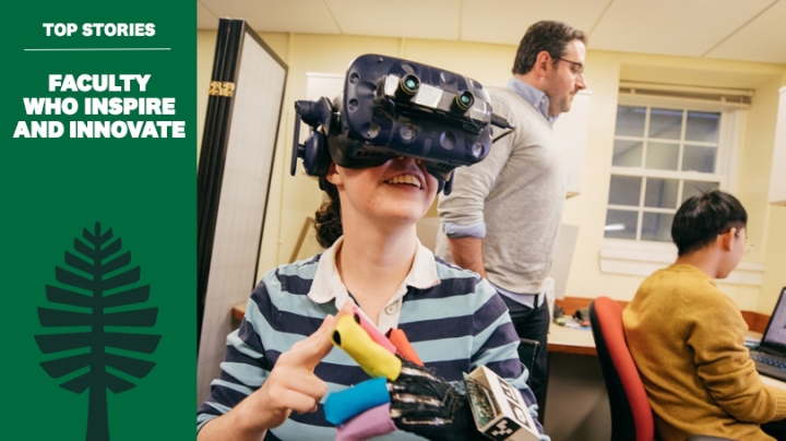 Assistant Professor David Kraemer, center, works with graduate and undergraduate students in the Dartmouth Cognitive Neuroscience of Learning Laboratory in the Department of Education. (Photo by Robert Gill)