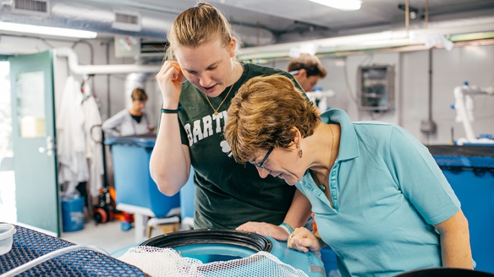 Dartmouth’s aquaculture lab, Bridget Douglas ’18 (at left) and Professor Anne Kapuscinksi 