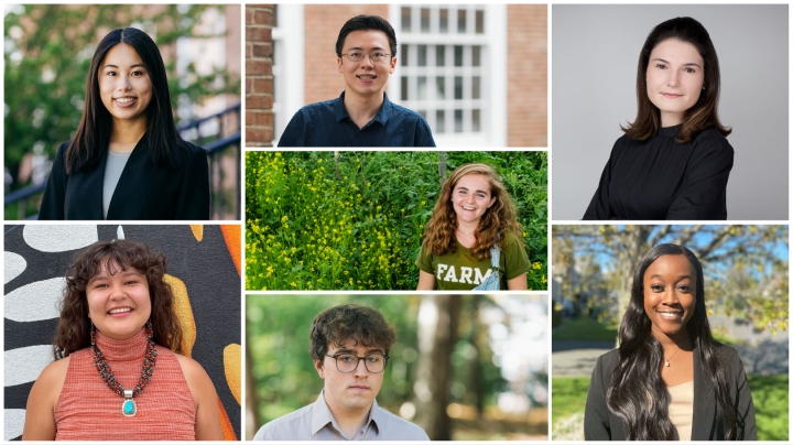 The 2021 Fulbright and DAAD recipients. Top, from left: Sunny Tang '21, Alexander Soong '21, Megan Clyne '19; center: Rachel Kent '21; bottom, from left: Alexandria Hawley '19, Stephen Valeri, GR'21, and Nia Gooding '20. 