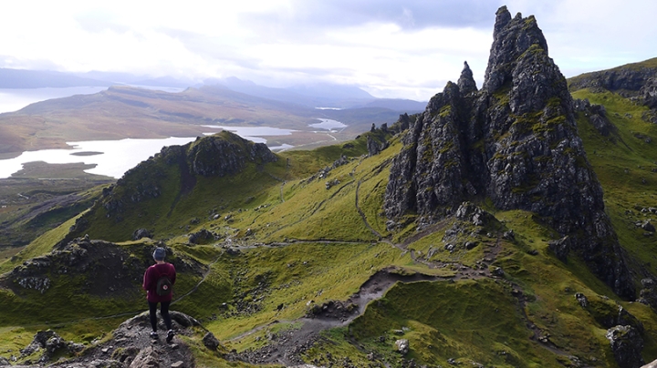 Debora Hyemin Han ’20 on the Isle of Skye, off the Scottish coast, looking out at the sea from the mountains