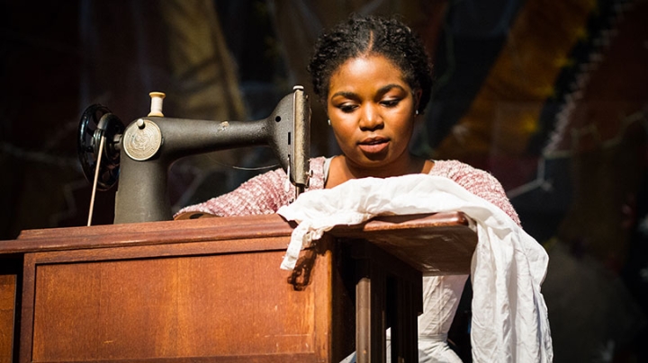 Zahra Ruffin ’17 rehearses a scene as Esther in Lynn Nottage’s Intimate Apparel.