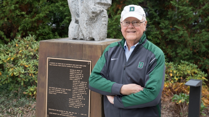 President Emeritus James Wright stands by the rededicated Vietnam War memorial plaque