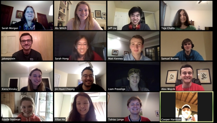 Magnuson Center Program Manager Sarah Morgan, top left, leads a Zoom session with student entrepreneurs, from left, from top to bottom, Aly Milich '21, Jeff Liu '23, Teja Chatty, Thayer '21, Jake Epstein '21, Sarah Hong '21, Matt Kenney '21, Samuel Barret