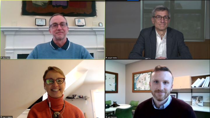 Participants on this week's webcast were, clockwise from top left, Dartmouth College Health Services Director Mark Reed, Provost Joseph Helble, and COVID-19 Task Force co-chairs Josh Keniston and Lisa V. Adams.