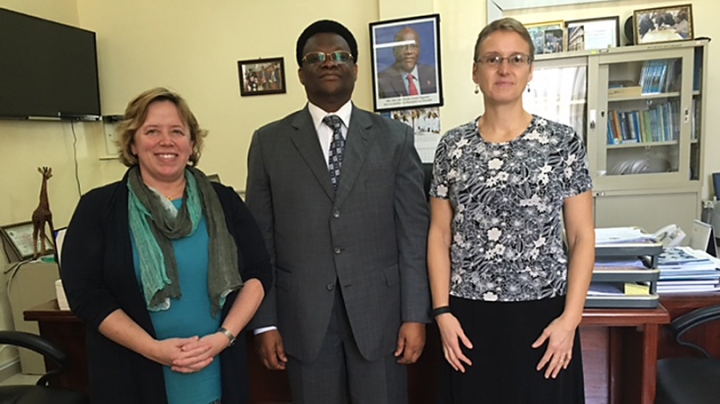 Provost Carolyn Dever, Ephata Kaaya, and Lisa Adams MED ’90 meet in Dar es Saalam 