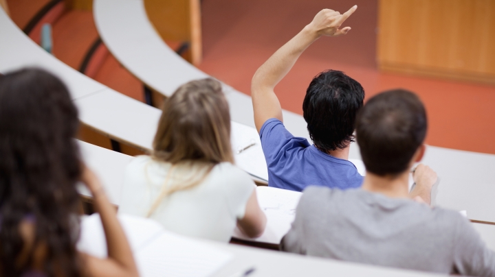 Students in class, one raising a hand
