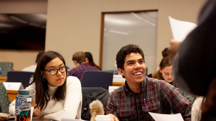 Students work together on a project in the TuckLAB classroom. 