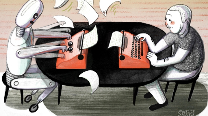 an illustration of a robot and a person sitting at a table, both working on typewriters